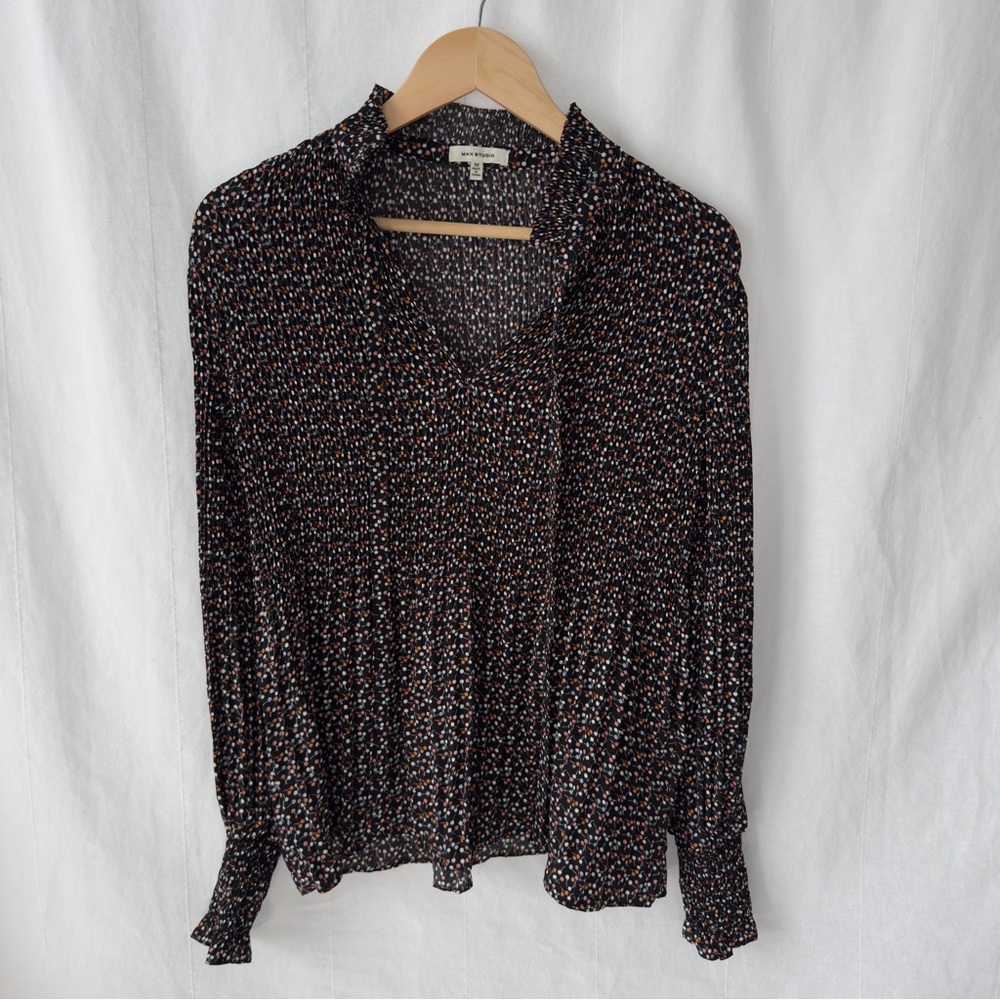 Max Studio Light Blue and Peach Cherry Pattern on Navy Blue/Black Blouse